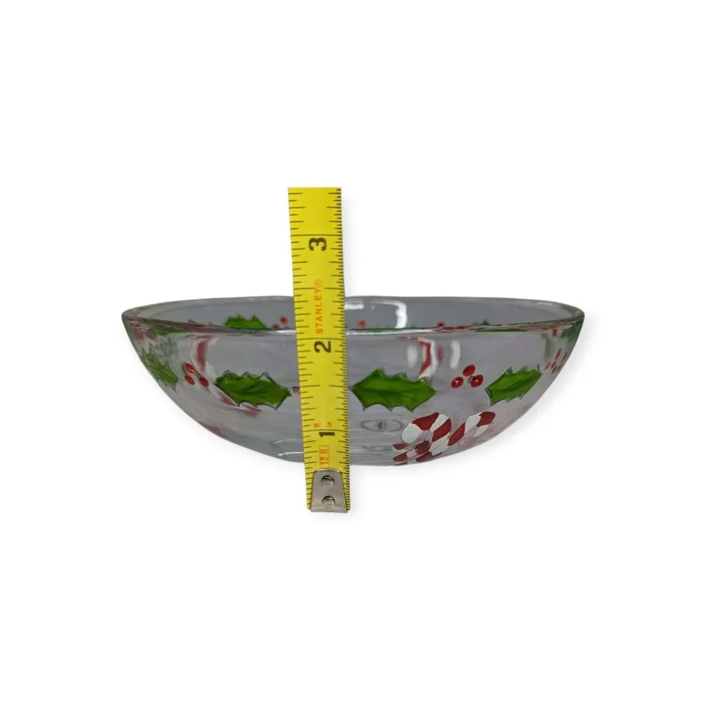 Gorham Glass Christmas Holly with Berries & Candy Cane Painted Bowl 7